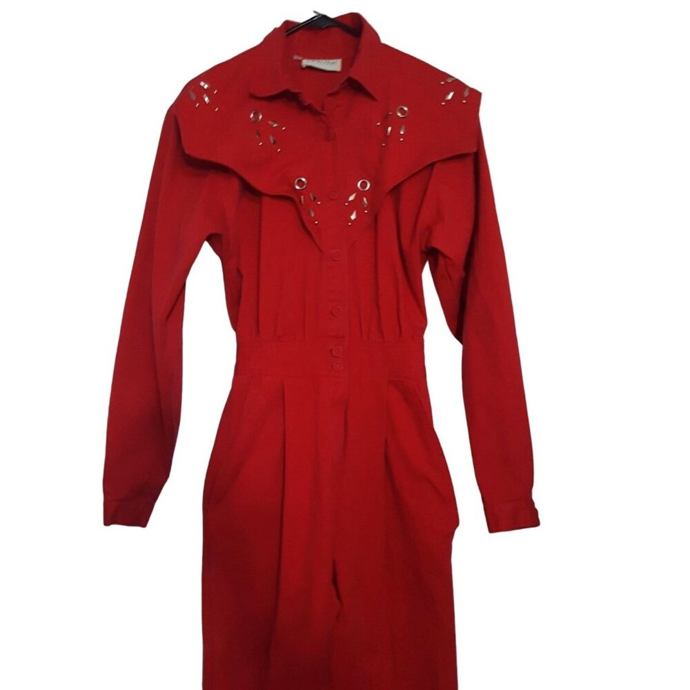 Vintage 80s Romper Jumpsuit Coveralls Womens M‎ Red Straight Leg Studded Pockets